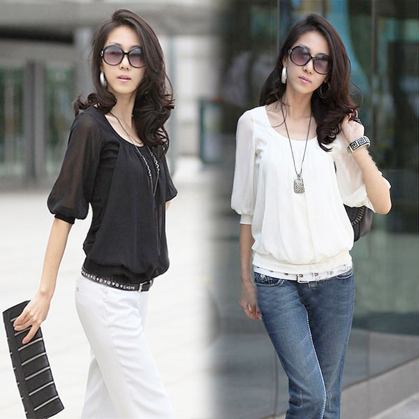 New Arrival Fashion Women's Ladies'  Mid-Sleeve Round Neck Chiffon Blouse Shirt 2 color 5 Size # L034488