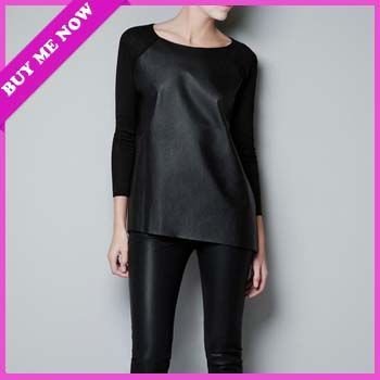New Arrival Fashion Women's Novelty Patchwork Pu Leather Long Sleeve Pullover Knitted Sweater T-shirt  Free  Shipping