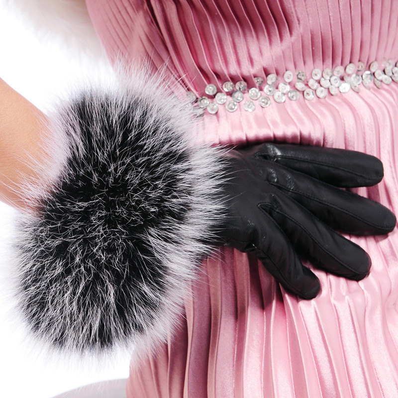 New arrival fashion women's repair super large fox fur winter thermal genuine leather gloves sheepskin gloves