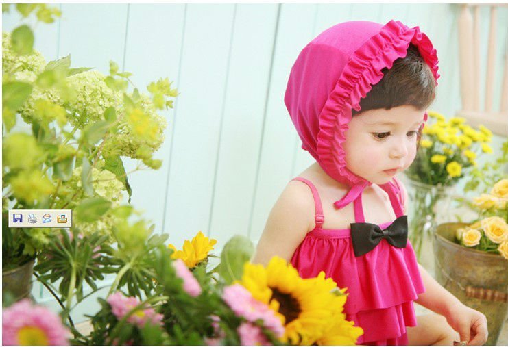 New Arrival Fashionable  Rose Red  Fleece   BABY ONE PIECE  Swimwear  GIrl`s Swimsuit cute Bather SKIRT + Cap  Baby dress