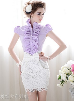 New Arrival Fine Quality Sweety Elegant Lotus Leaf Stand Collar Puff Sleeve Bowknot Cotton Blouse Purple/Red/Black