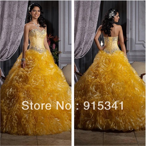 New Arrival Flare Sweetheart Crystals Gold Organza Big Flowers Skirt Best Quinceanera Dress