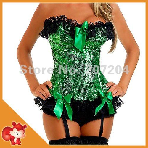 New Arrival FREE SHIP Wholesale Green Strapless Lace Trim Lace up Corsets Bustier Outwear Sequin Zipper Corset Lingerie S-XL