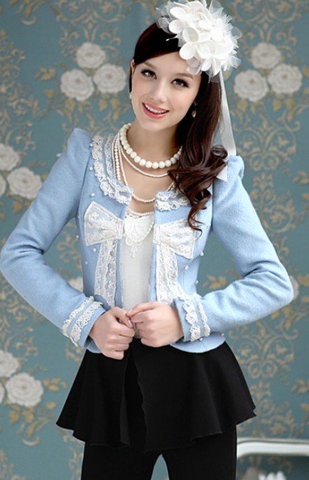 New arrival Free shipping Wholesale Korean fashion 2012 wool lace pearl Bowknot Coat women jacket Outwear