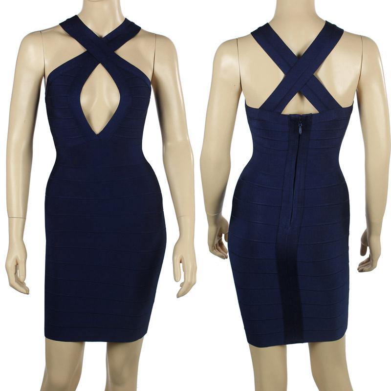 NEW ARRIVAL Free shipping women evening dress/halter neck dark blue bandage dresses L163