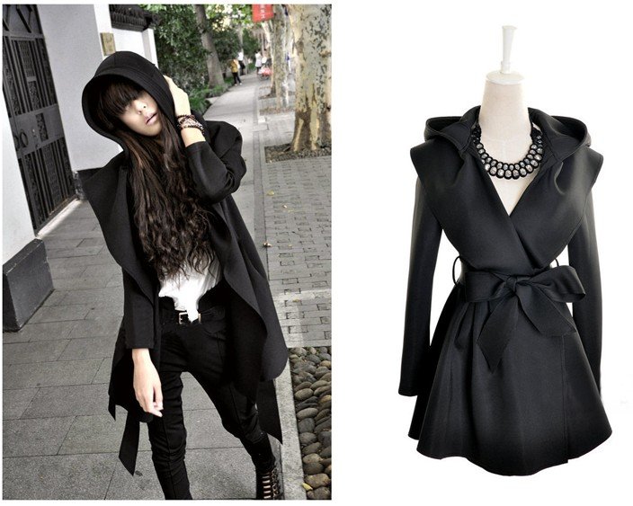 New Arrival Free Shipping Women Ladies Fashion Loose Long Trench Lapel Pleated Hoodie/Coat Jacket/black 2 colors for choice