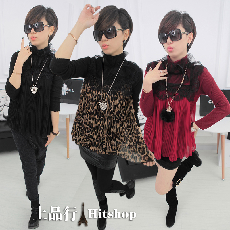 New arrival gauze eyelash lace pleated chiffon turtleneck fashion basic chiffon shirt no