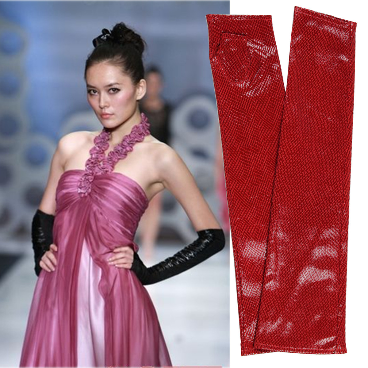 New arrival genuine leather long gloves fine plaid purple red long design semi-finger mitring arm sleeve 40-50cm