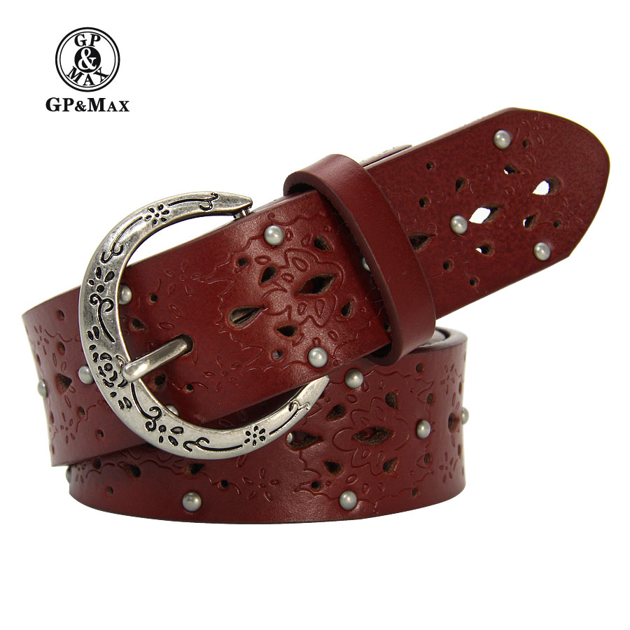 New arrival gpmax women's cowhide strap vintage carved pin buckle genuine leather cowskin  belt female