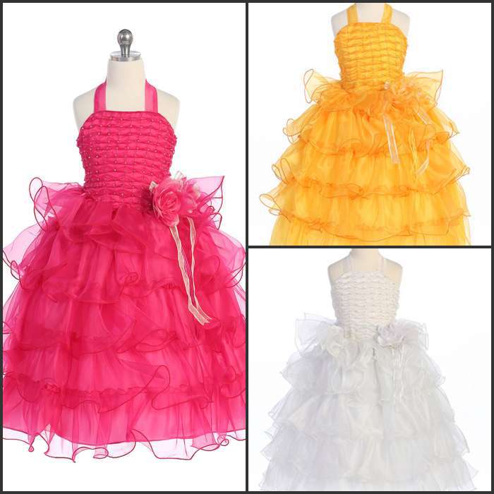 New arrival halter tiered pleated handmade flower beads white yellow girl dress girl pagent dresses real picture