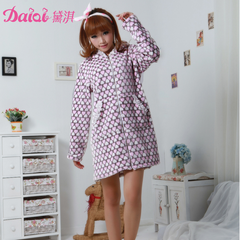 New arrival heart pink ruffle zipper thickening coral fleece medium-long female derlook robe 7386