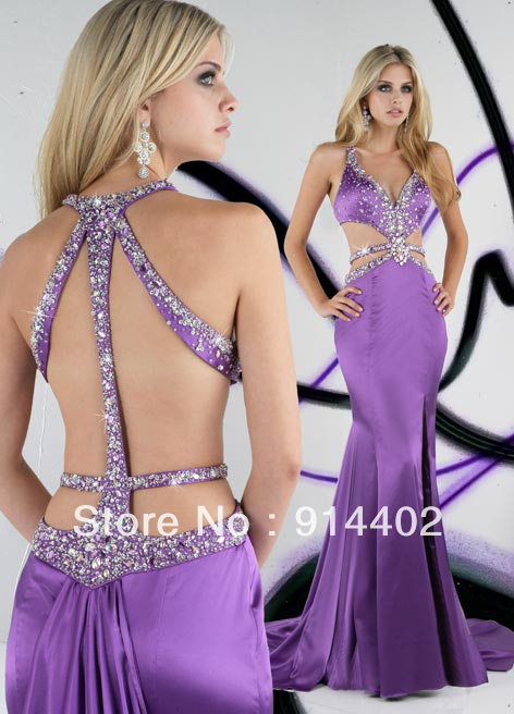New arrival High quality 2013 best sale halter sleeveless floor-length purple crystal beading sexy  formal evening dress