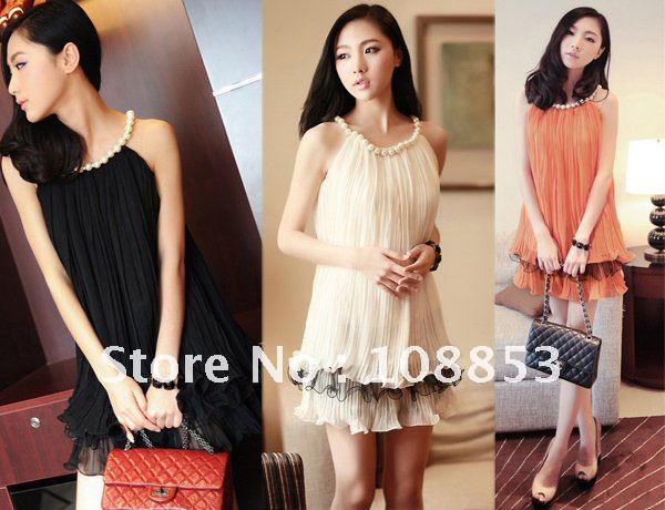 New Arrival High Quality Lady Women's Dress Pearl Neck Halter Pleated Chiffon Puff Mini Dress 3 Colors Free Shipping