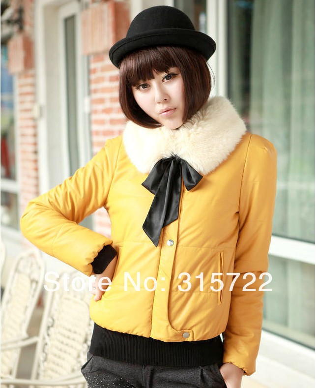 new arrival hot women Korean winter coat sweet bow detachabele fur collar jacket outwear plus size L,XL,XXL  L-031