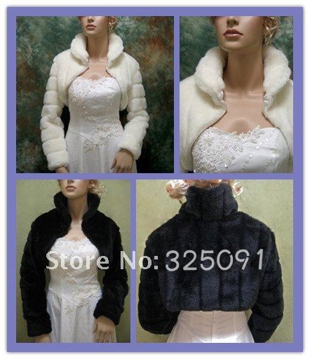 New Arrival Ivory Black Faux Fur Long Sleeve Winter Wedding Party Bridal Jackets Shrug Bolero Formal Pageant Evening Party Wraps