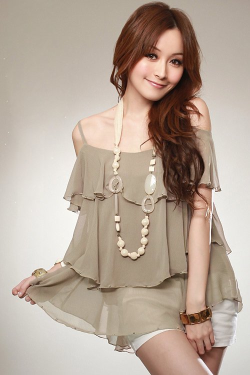 New Arrival Korea Tiered Women Chiffon Bead Thin Strap Tops Blouse-