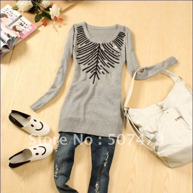 New Arrival! Korean Style Sequins Pattern Round Neck Long Sleeve Bottoming Pullovers Sweater Coat, Free Shipping.