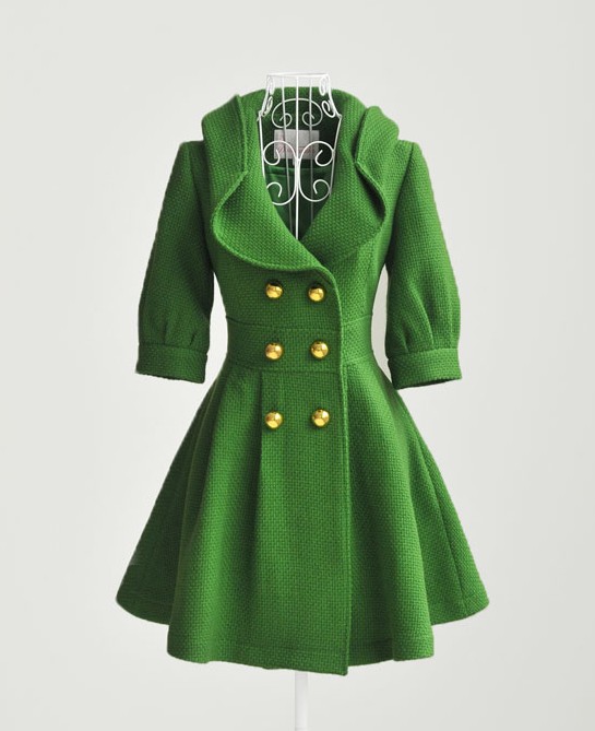 New arrival ladies' winter or autumn outwear greencolor long sleeve double breasted wool tweed coats woolen cloth coat