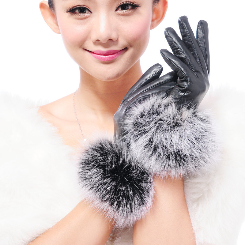 New arrival large fox fur sheepskin gloves female thermal women's genuine leather gloves 10