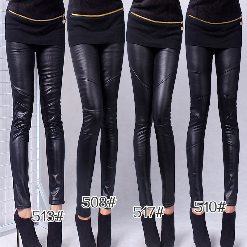 New arrival leather pants thickening fleece faux leather legging plus velvet slim pencil pants female boot cut jeans