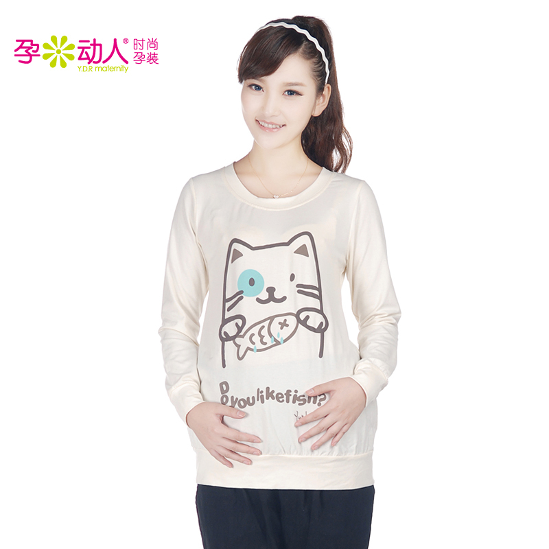 New arrival maternity clothing o-neck long-sleeve cat print t-shirt comfortable 3212007