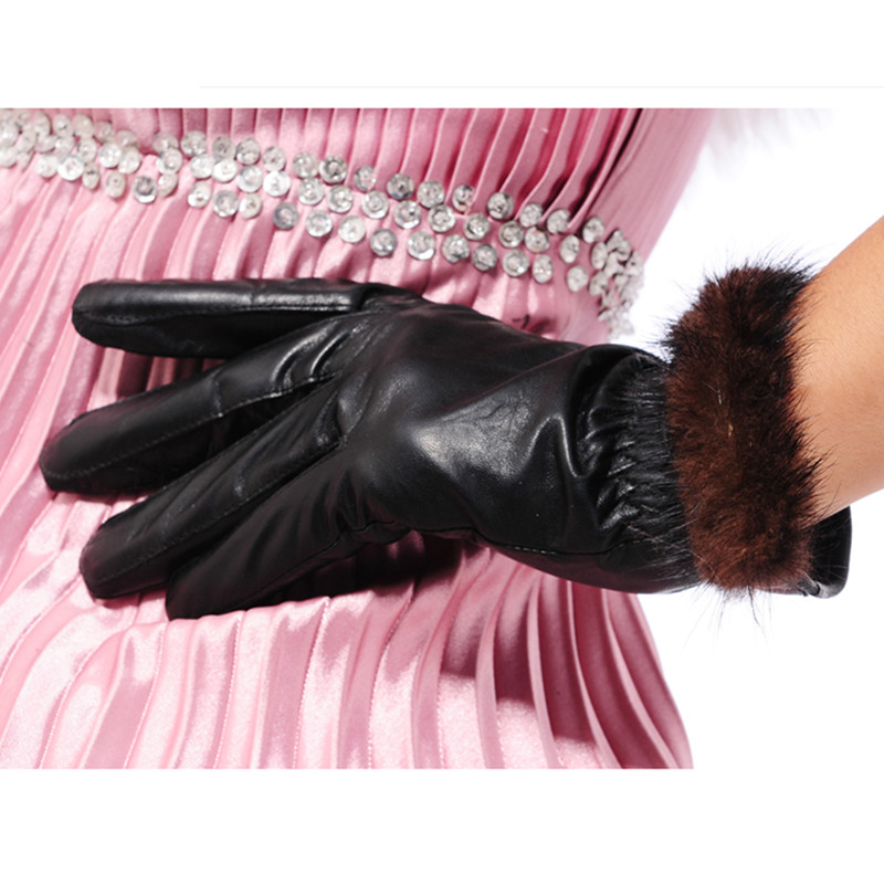 New arrival mink fur gloves female thin genuine leather sheepskin gloves black genuine leather gloves