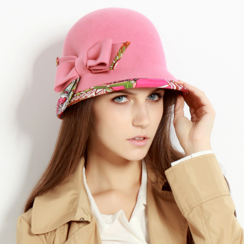 New arrival mossant pink vintage british style winter women's bucket hat bucket hats bow woolen