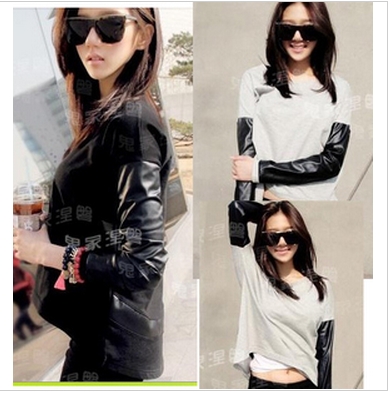 New arrival motorcycle leather patchwork asymmetrical t-shirt 2013 spring