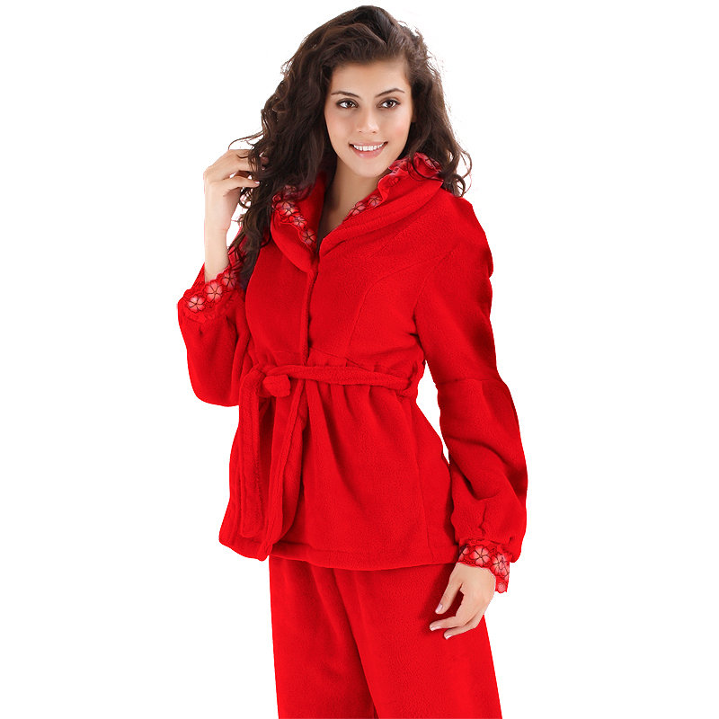 New arrival nightdress autumn and winter women's pajamas thermal thickening coral fleece lounge red set married sleepwear