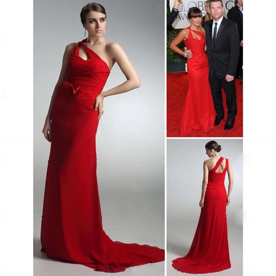 New arrival!one-shoulder red weep train with bows red oscar dress evening dress 2012