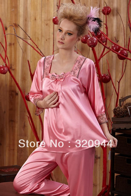 New arrival pajamas embroidered women's faux silk lounge long sleeve length pants size M L XL twinset sexy home suit 83862