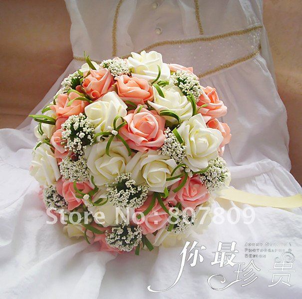 New arrival Pink & white rose  fake bouquet/  artificial bouquet for wedding free shipping