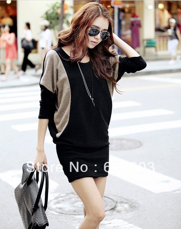 New arrival plus size batwing sleeve slim knitted long design t-shirt long-sleeve patchwork spring dress