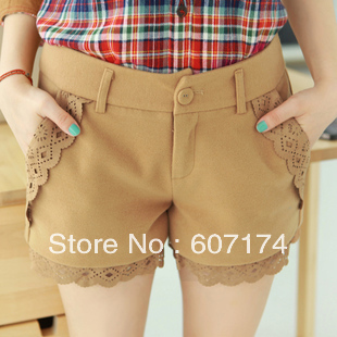 New Arrival&PROMOTION ladies fashion elegant slim laciness decoration casual woolen shorts casual pants Black/Khaki #2381