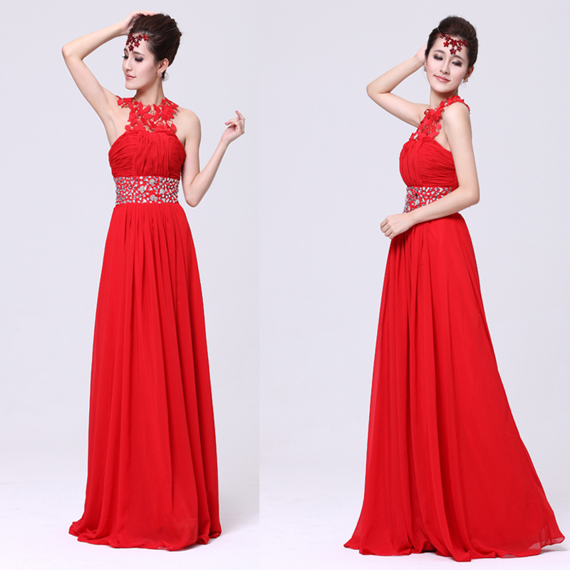 New arrival red 2012 design long halter-neck lace bridal formal dress toast evening dress