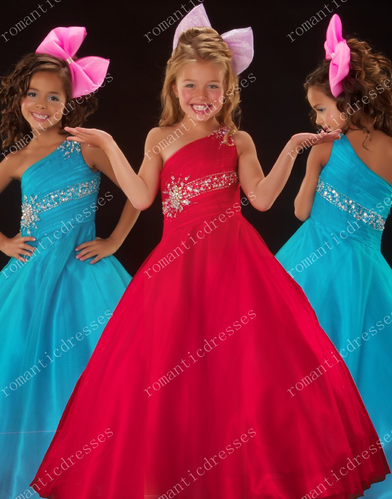 New Arrival Red One Shoulder Pageant Custom Made Ball Gown Holiday Dress Princess Flower Girl Dresses