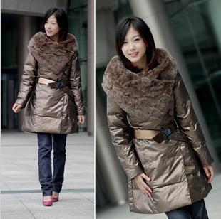 New arrival Rex rabbit large fur collar metal coating slim Women long design down coat with belt,warm down jacket! Free shipping