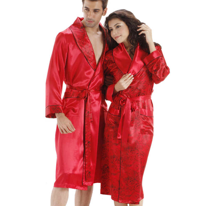 New arrival rose spring and autumn faux silk marry lovers sleepwear sexy women's lounge robe 6038 Free Shipping