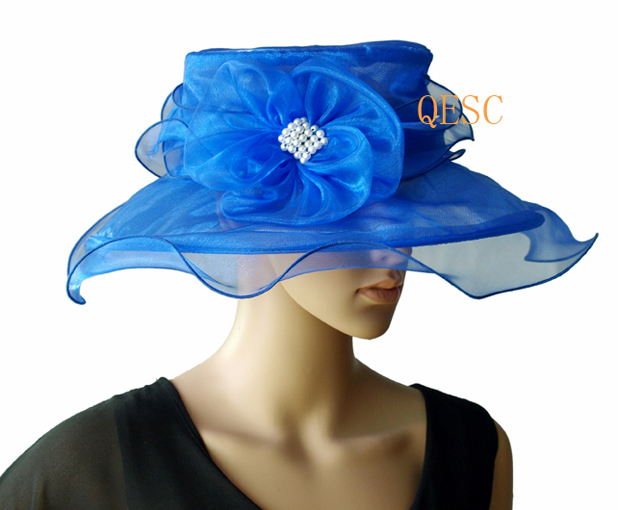 NEW ARRIVAL Royal blue Organza  Hat with Organza Trim/pearl for Kentucy Derby,Church,party.brim width 11cm.