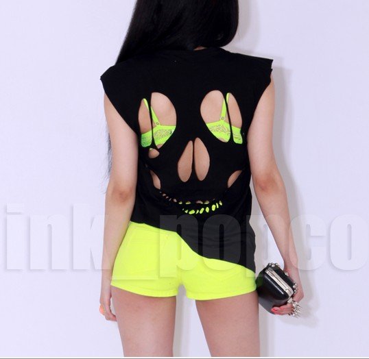 New Arrival Sexy t shirt fashion t-shirt,back open Skull Heads tees,women t shirt Free shipping ,black purple white colours