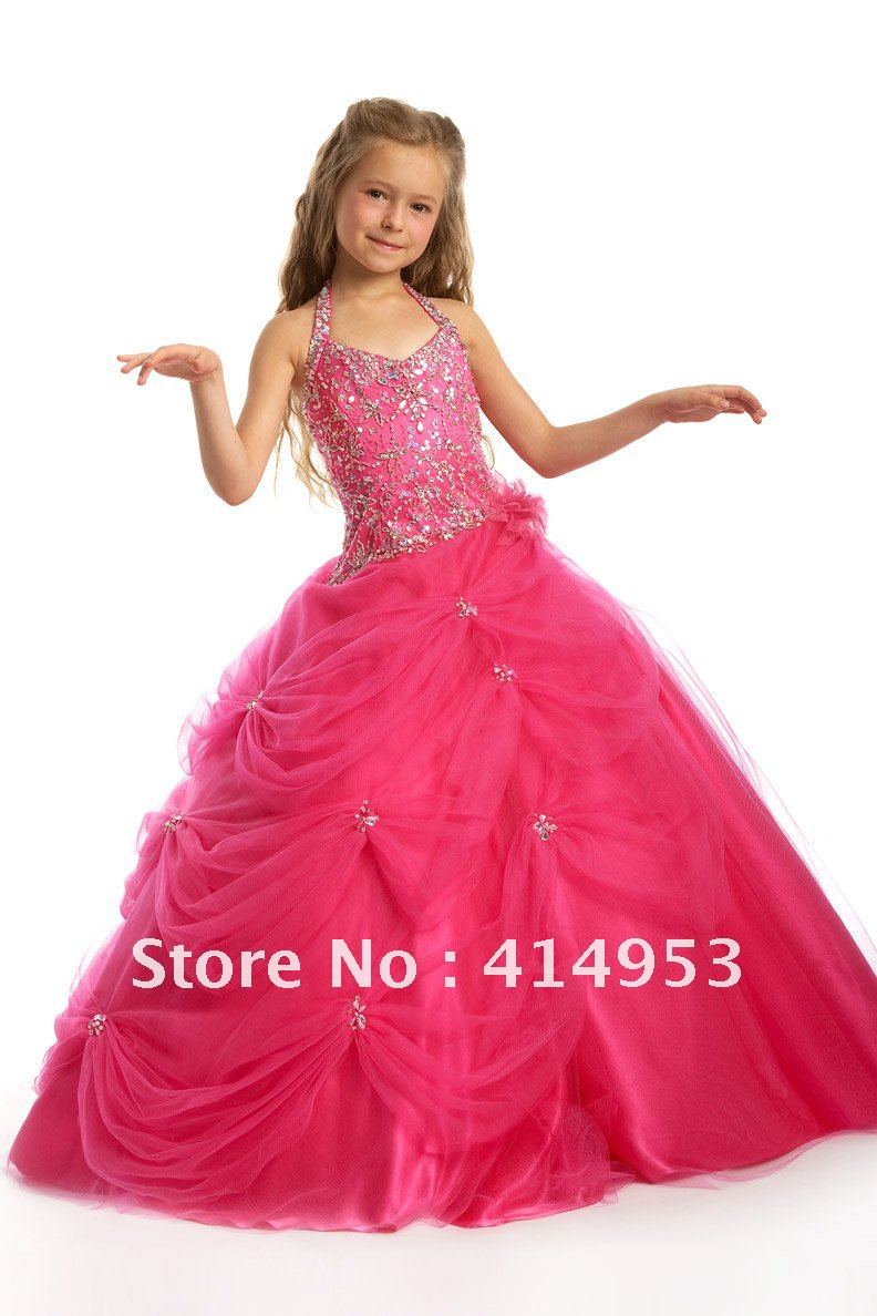 New Arrival Sexy V Neck Halter Beaded Pink Organza Ruffles Fashion Ball Gown Beautiful Flower Girl Dresses 2012
