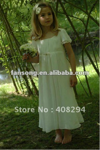 New arrival short sleeve white chiffon sheath ankle length flower girl dress