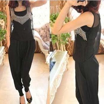 New Arrival Sleeveless Beading Grenadine Jumpsuit Summer V-neck Long Bohemian Black Sexy Lady Cotton Free Shipping