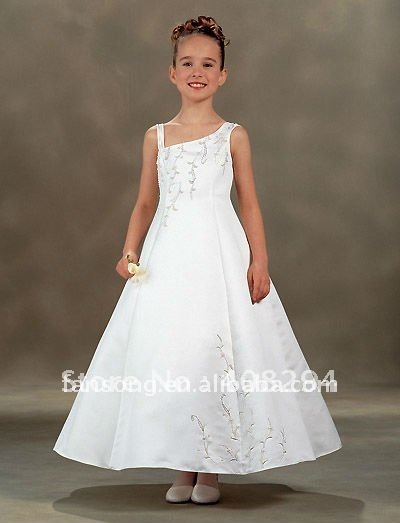 New arrival spaghetti strap embroidery A-line flower girl dress
