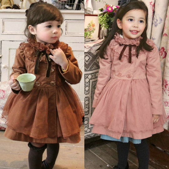 New arrival spring 2013 children's clothing female child trench outerwear baby lace design gauze long overcoat