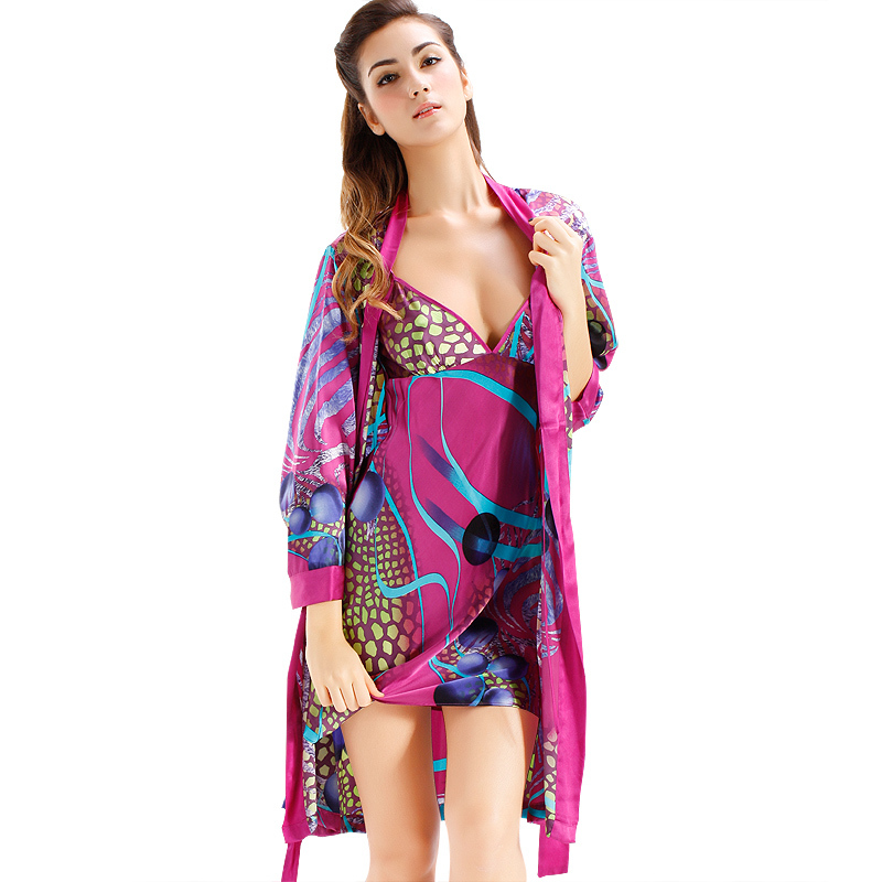 New arrival spring and autumn faux silk women's sleepwear lounge set sexy nightgown robe twinset