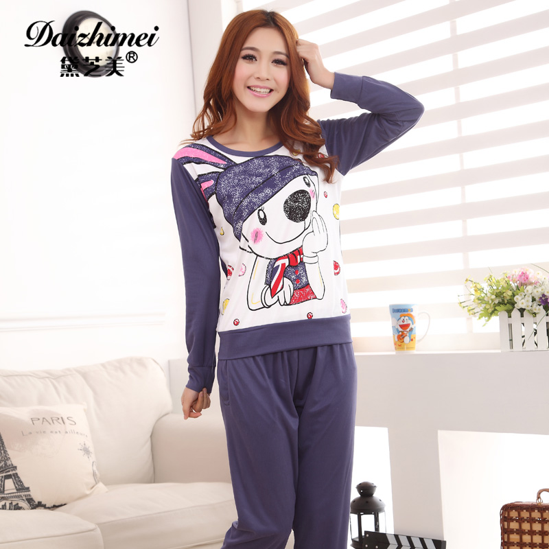 New arrival spring and autumn o-neck knitted cotton sleepwear female set lounge long-sleeve twinset at home service 3815