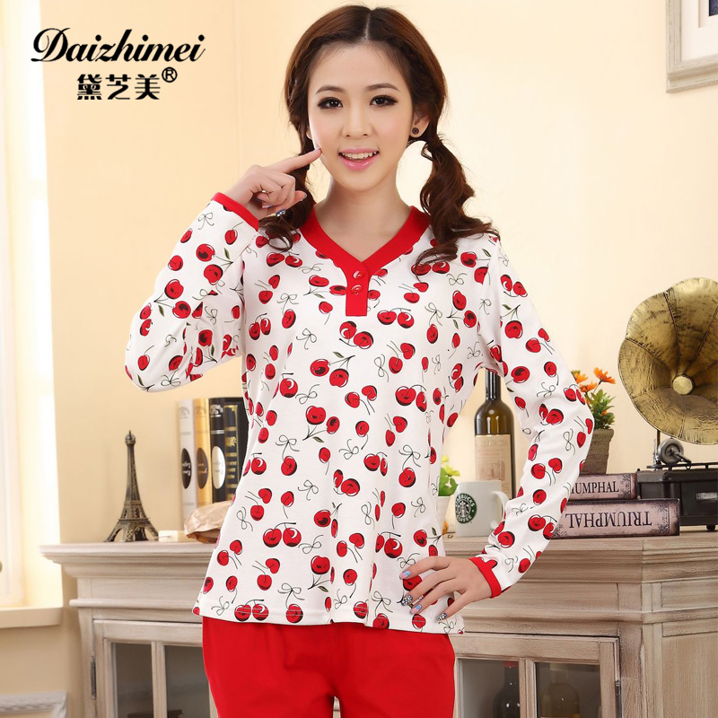 New arrival spring and autumn o-neck knitted cotton sleepwear female set lounge long-sleeve twinset at home service 3842