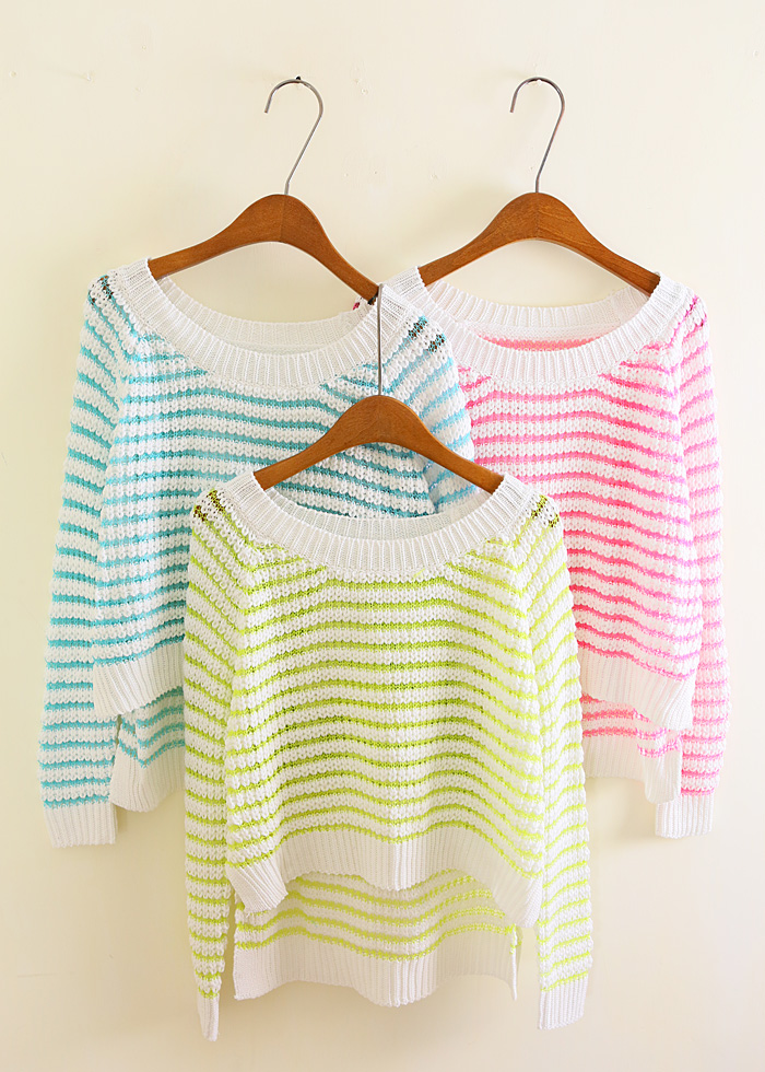 New arrival! spring and summer fresh neon color of sidepiece placketing stripe sweater shirt a113 free shipping