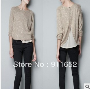 New  Arrival Spring fashion ZAR@ All Match O Neck Long Sleeve Paillette Shirt  Pullover Sweater